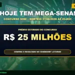 Card com aviso do concurso 3050 da Mega-Sena com prêmio estimado de R$ 25 milhões para o sorteio de 27/08/2026 - CenárioMT