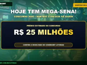 Card com aviso do concurso 3050 da Mega-Sena com prêmio estimado de R$ 25 milhões para o sorteio de 27/08/2026 - CenárioMT