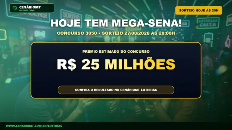 Card com aviso do concurso 3050 da Mega-Sena com prêmio estimado de R$ 25 milhões para o sorteio de 27/08/2026 - CenárioMT