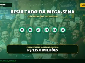 Mega-Sena 3039 acumula e prêmio dispara para R$ 135 milhões 12 Resultado da Mega-Sena concurso 3039 de 02/08/2026 com as dezenas sorteadas e prêmio acumulado