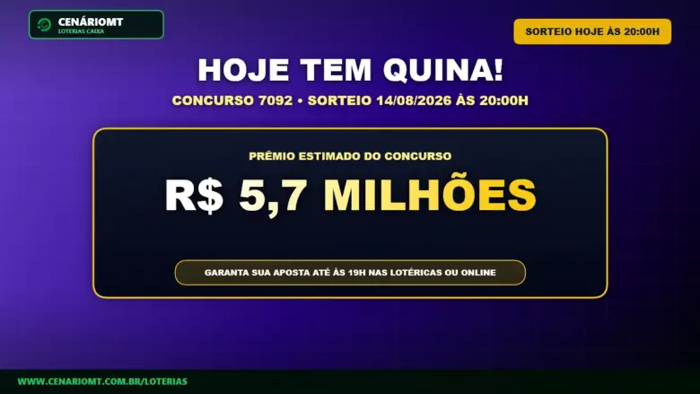 Quina 7092 promete pagar R$ 5,7 milhões nesta sexta-feira 1 Card de aviso sobre o concurso 7092 da Quina