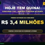 Card informativo do concurso 7103 da Quina com prêmio estimado em R$ 3,4 milhões para o sorteio de 27/08/2026 - CenárioMT