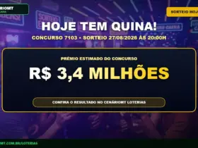 Card informativo do concurso 7103 da Quina com prêmio estimado em R$ 3,4 milhões para o sorteio de 27/08/2026 - CenárioMT