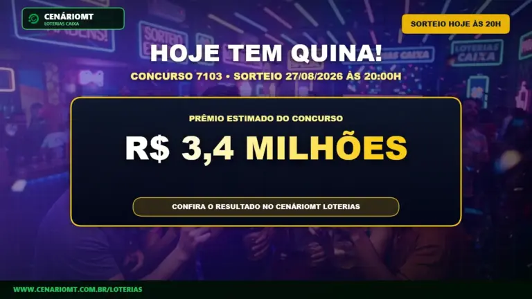 Card informativo do concurso 7103 da Quina com prêmio estimado em R$ 3,4 milhões para o sorteio de 27/08/2026 - CenárioMT