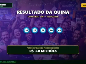 Resultado da Quina concurso 7081 de 02/08/2026 com os números sorteados