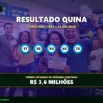 Resultado da Quina concurso 7082 com os números sorteados em 03/08/2026 e prêmio acumulado em R$ 3,6 milhões.
