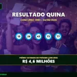 Resultado da Quina concurso 7083 com os números sorteados e prêmio estimado.