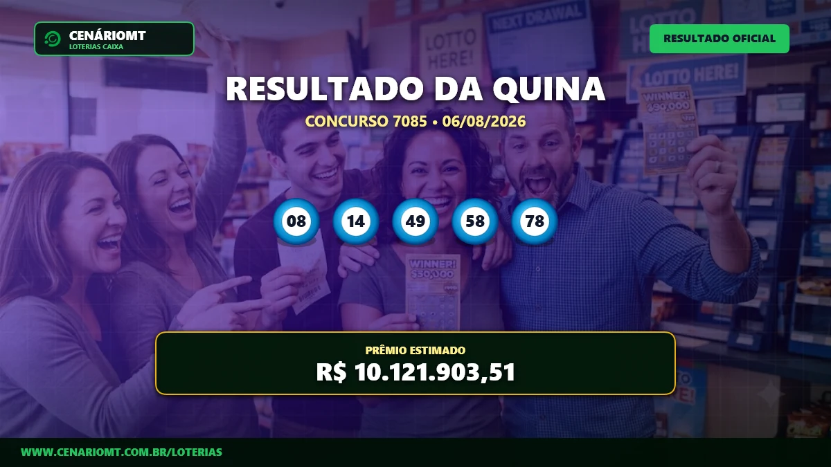 Resultado da Quina 7085: aposta fatura prêmio de R$ 10,1 milhões