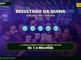 Imagem do resultado da Quina concurso 7093 de 16/08/2026 com as dezenas sorteadas e o prêmio acumulado em R$ 7,6 milhões.