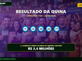 Resultado da Quina concurso 7102 de 26/08/2026 acumulado, com os cinco números sorteados e prêmio estimado de R$ 3,4 milhões.