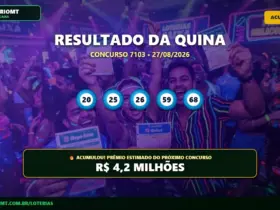 Resultado Quina 7103: Prêmio acumula e vai a R$ 4,2 milhões 6 Resultado da Quina 7103 acumulada: números sorteados 20, 25, 26, 59 e 68 com prêmio estimado de R$ 4,2 milhões em fundo com pessoas comemorando