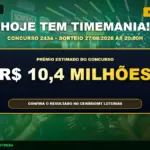 Card de divulgação da Timemania concurso 2434 com prêmio acumulado de R$ 10,4 milhões para 27/08/2026 - CenárioMT