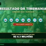 Resultado da Timemania concurso 2423 de 02/08/2026 com números sorteados e time do coração