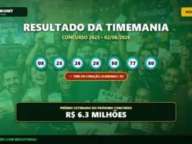 Resultado da Timemania concurso 2423 de 02/08/2026 com números sorteados e time do coração