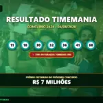 Resultado da Timemania concurso 2424 com os números sorteados e o time do coração.