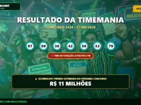 Resultado da Timemania 2434 acumulada: dezenas sorteadas 07, 09, 38, 42, 50, 52 e 79, time do coração Athletico/PR e prêmio de R$ 11 milhões