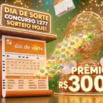 Banner ilustrativo para o dia de sorte 1277, sorteio hoje de R$ 300 mil, ilustração 3D moderna com volante da loteria em tons de laranja, calendário destacando os meses, bolinhas numeradas brilhantes saindo de um globo dourado, fundo com confetes e luzes festivas