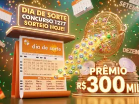 Banner ilustrativo para o dia de sorte 1277, sorteio hoje de R$ 300 mil, ilustração 3D moderna com volante da loteria em tons de laranja, calendário destacando os meses, bolinhas numeradas brilhantes saindo de um globo dourado, fundo com confetes e luzes festivas