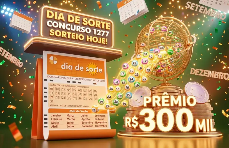 Banner ilustrativo para o dia de sorte 1277, sorteio hoje de R$ 300 mil, ilustração 3D moderna com volante da loteria em tons de laranja, calendário destacando os meses, bolinhas numeradas brilhantes saindo de um globo dourado, fundo com confetes e luzes festivas