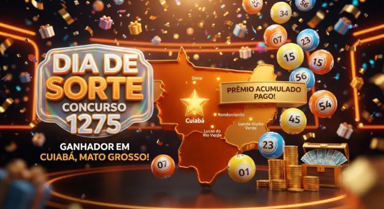 Dia de Sorte 1275: Bolão de Cuiabá (MT) fatura prêmio na faixa de 6 acertos 1 Arte 3D para o vencedor da Dia de Sorte 1275 em tons de laranja e amarelo
