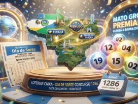 Dia de Sorte 1286: apostas de Cuiabá e Barra do Garças são premiadas 21 ilustração 3D moderna com folhas de calendário, bolinhas numeradas brilhantes, mapa de mato grosso estilizado, bilhete de aposta, fundo festivo de loteria