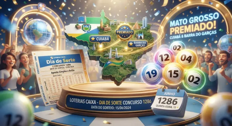 ilustração 3D moderna com folhas de calendário, bolinhas numeradas brilhantes, mapa de mato grosso estilizado, bilhete de aposta, fundo festivo de loteria