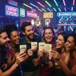 Pessoas felizes em festa segurando bilhetes das loterias caixa