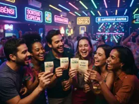 Pessoas felizes em festa segurando bilhetes das loterias caixa