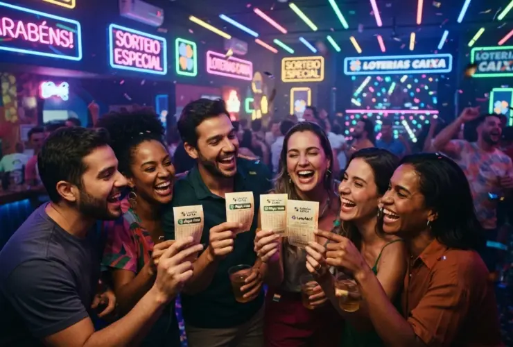 Pessoas felizes em festa segurando bilhetes das loterias caixa