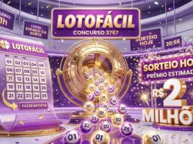 Arte da Lotofácil 3767 sorteio hoje R$ 2 milhões, ilustração 3D moderna com volante da loteria em tons de roxo, bolinhas numeradas brilhantes saindo de um globo dourado
