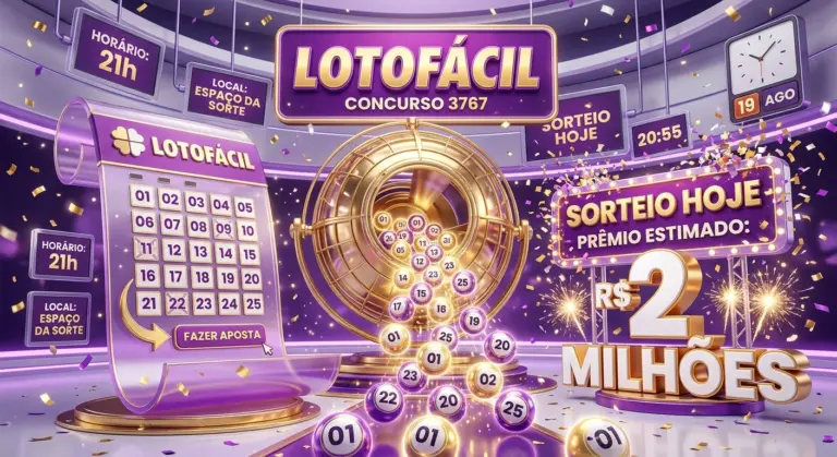Arte da Lotofácil 3767 sorteio hoje R$ 2 milhões, ilustração 3D moderna com volante da loteria em tons de roxo, bolinhas numeradas brilhantes saindo de um globo dourado