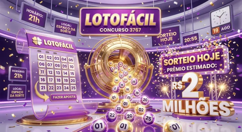 Arte da Lotofácil 3767 sorteio hoje R$ 2 milhões, ilustração 3D moderna com volante da loteria em tons de roxo, bolinhas numeradas brilhantes saindo de um globo dourado