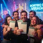 Pessoas felizes em uma festa segurando bilhetes da mega-sena