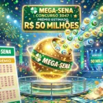 ilustração 3D moderna com volante da loteria Mega-Sena em verde, bolinhas numeradas brilhantes saindo de um globo dourado, chuva de prêmios e confetes festivos,