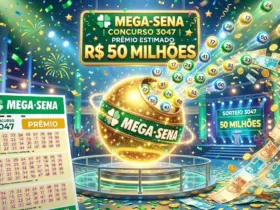 ilustração 3D moderna com volante da loteria Mega-Sena em verde, bolinhas numeradas brilhantes saindo de um globo dourado, chuva de prêmios e confetes festivos,