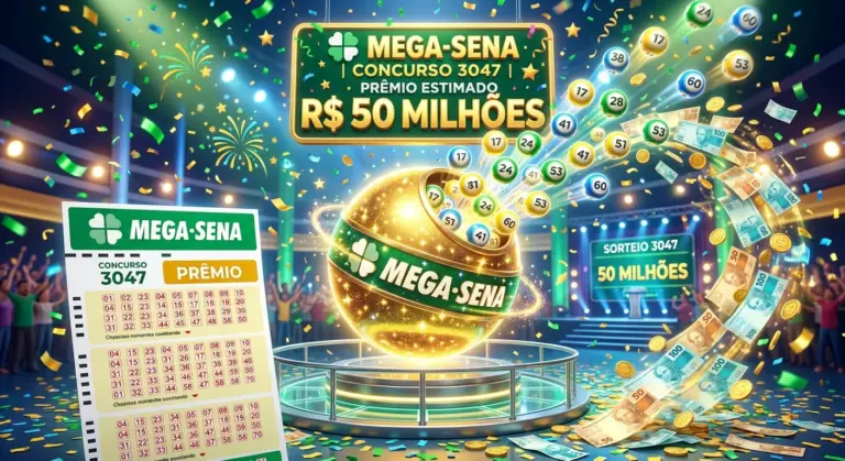 ilustração 3D moderna com volante da loteria Mega-Sena em verde, bolinhas numeradas brilhantes saindo de um globo dourado, chuva de prêmios e confetes festivos,