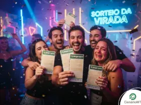 Pessoas felizes em uma festa segurando bilhetes da mega-sena