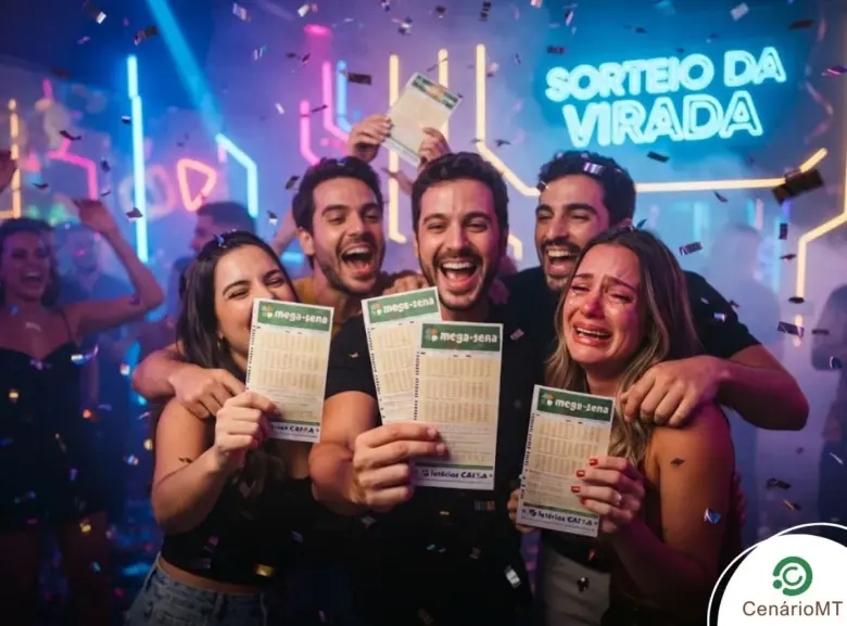 Pessoas felizes em uma festa segurando bilhetes da mega-sena