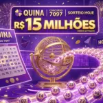 Arte gráfica para a Quina 7097 sorteio hoje R$ 15 milhões, ilustração 3D moderna com volante da loteria em tons de roxo, bolinhas numeradas brilhantes saindo de um globo dourado