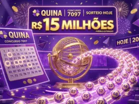 Arte gráfica para a Quina 7097 sorteio hoje R$ 15 milhões, ilustração 3D moderna com volante da loteria em tons de roxo, bolinhas numeradas brilhantes saindo de um globo dourado