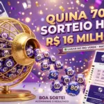 Ilustração 3D moderna com volante da Quina em tons de roxo e violeta, bolinhas numeradas brilhantes saindo de um globo dourado, fundo com confetes e luzes festivas, alta qualidade