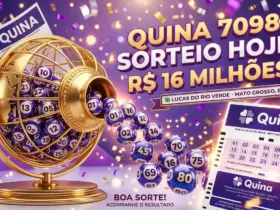 Ilustração 3D moderna com volante da Quina em tons de roxo e violeta, bolinhas numeradas brilhantes saindo de um globo dourado, fundo com confetes e luzes festivas, alta qualidade
