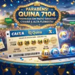 ilustração 3D moderna com volante da loteria em tons de azul e dourado, bilhete de aposta, bolinhas numeradas brilhantes, fundo festivo de celebração