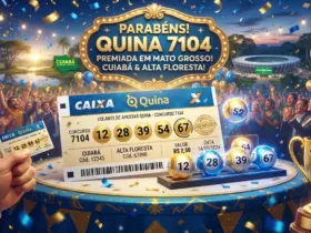 ilustração 3D moderna com volante da loteria em tons de azul e dourado, bilhete de aposta, bolinhas numeradas brilhantes, fundo festivo de celebração