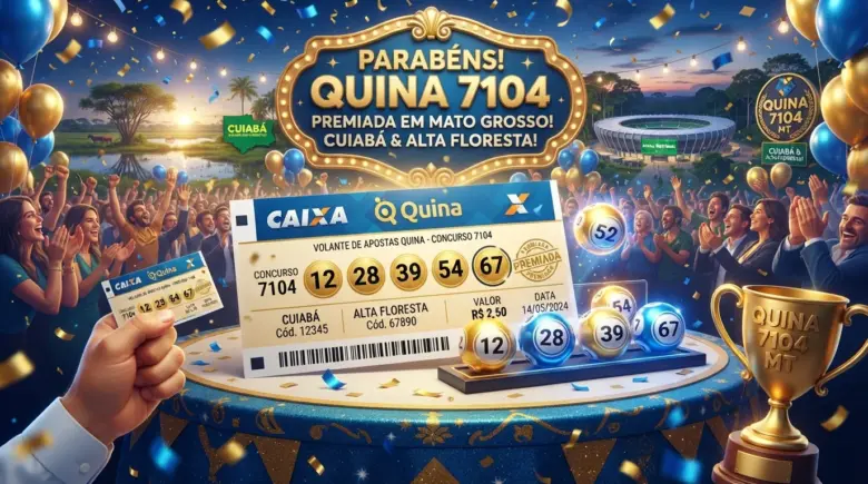 ilustração 3D moderna com volante da loteria em tons de azul e dourado, bilhete de aposta, bolinhas numeradas brilhantes, fundo festivo de celebração