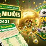 ilustração 3D moderna com volante da loteria Timemania em verde, escudo de futebol estilizado ao fundo, bolinhas numeradas brilhantes saindo de um globo dourado, confetes festivos