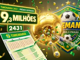 ilustração 3D moderna com volante da loteria Timemania em verde, escudo de futebol estilizado ao fundo, bolinhas numeradas brilhantes saindo de um globo dourado, confetes festivos