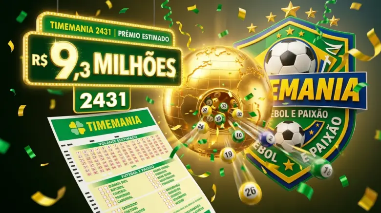Timemania de hoje: Concurso 2431 sorteia prêmio acumulado em R$ 9,3 milhões 1 ilustração 3D moderna com volante da loteria Timemania em verde, escudo de futebol estilizado ao fundo, bolinhas numeradas brilhantes saindo de um globo dourado, confetes festivos
