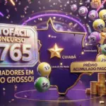 lotofácil 3765 ganhadores mato grosso, ilustração 3D festiva com volante da loteria em tons de roxo, mapa de mato grosso estilizado, bolinhas numeradas brilhantes, chuva de prêmios e confetes, vibrante e alta qualidade.