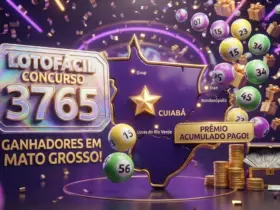 lotofácil 3765 ganhadores mato grosso, ilustração 3D festiva com volante da loteria em tons de roxo, mapa de mato grosso estilizado, bolinhas numeradas brilhantes, chuva de prêmios e confetes, vibrante e alta qualidade.